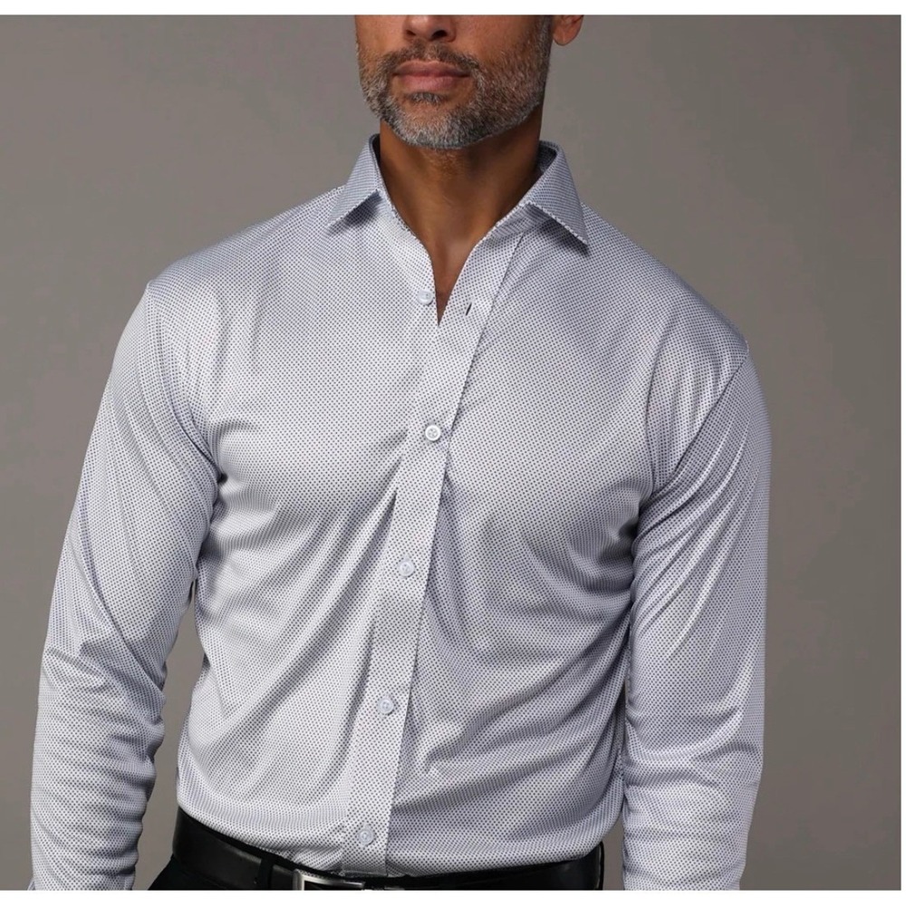Collars & Co Men Medium Quattro Flex Dress Shirt White Micro Dot Long Sleeve NEW